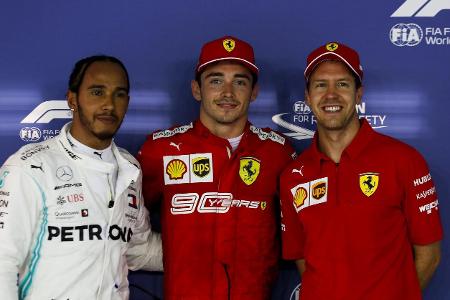 Lewis Hamilton, Polesetter Charles Leclerc und Sebastian Vettel nach Q3 Lewis Hamilton, Polesetter Charles Leclerc und Sebastian Vettel nach Q3