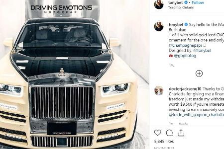 Drakes neuer Rolls-Royce hat eine diamantbesetzte Gold-Eule als Kühlerfigur Drakes neuer Rolls-Royce hat eine diamantbesetzte Gold-Eule als Kühlerfigur
