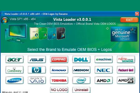 Vista Loader 3.0.0.1
Für Windows Vista existieren mehrere Cracks, die das Betriebssystem illegalerweise ohne gültige Lizenz ...