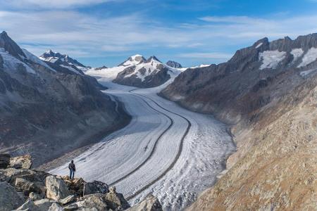 Der flächenmäßig größte Gletscher in den Alpen ist der Aletsch im Schweizer Kanton Wallis. Über den Fluss Messa in die Rhone...