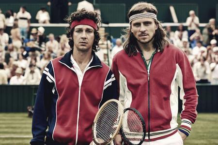 Den Schweden Björn Borg verkörpert Sverrir Guðnason (r.). In die Rolle des US-Amerikaners John McEnroe schlüpft Shia LaBeouf.