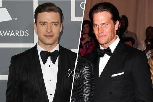 Justin Timberlake (l.) stand schon gemeinsam mit Tom Brady auf dem Rasen.