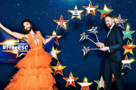Conchita Wurst und Steven Gätjen (r.) werden den Conchita Wurst und Steven Gätjen (r.) werden den