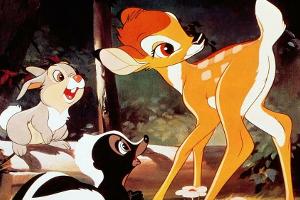 Bambi mit seinen Freunden Klopfer (Hase) und Blume (Stinktier)