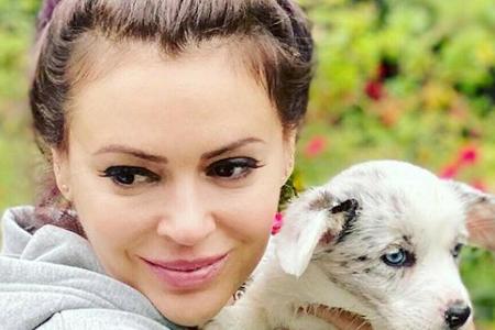 Alyssa Milano strahlt mit ihrem neuen Hund um die Wette Alyssa Milano strahlt mit ihrem neuen Hund um die Wette