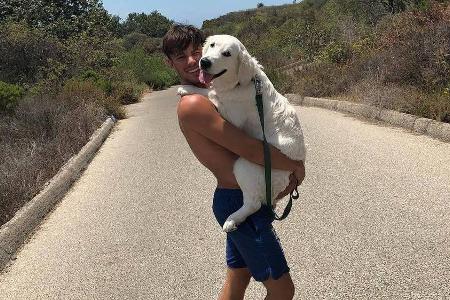 Cameron Dallas trägt seinen Hund Bandit beim Spaziergang Cameron Dallas trägt seinen Hund Bandit beim Spaziergang