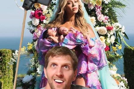 Dirk Nowitzki mit Selfiestick vor Beyoncé und ihren Zwillingen Dirk Nowitzki mit Selfiestick vor Beyoncé und ihren Zwillingen