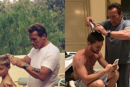 Früher wie heute schneidet Arnold Schwarzenegger seinem Sohn Patrick die Haare Früher wie heute schneidet Arnold Schwarzenegger seinem Sohn Patrick die Haare