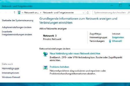 Weiterführende Einstellungen und Informationen finden sich im Netzwerk- und Freigabecenter.