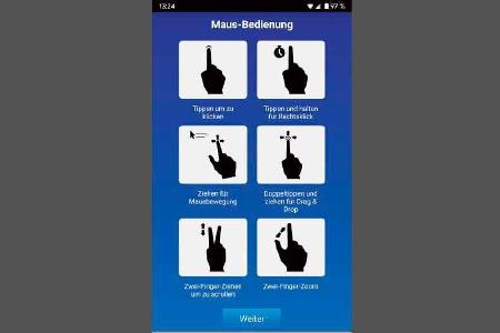 In der App-Hilfe finden Sie die wichtigsten Gesten, mit denen Sie den Host-PC aus der Ferne bedienen können.