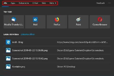 Cortana ist ausgekoppelt, ganz oben die Register für den Suchbereich, darunter die „Top-Apps“.