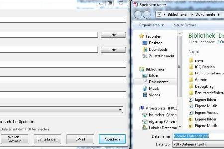 Links ist das Drucken-Menü des PDFCreators zu sehen, rechts das Abspeichern-Fenster für die PDF.
