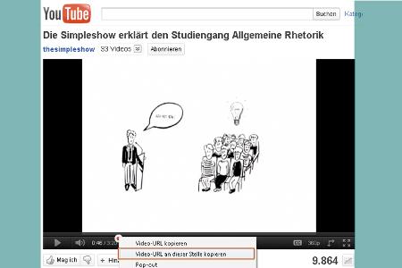 Mit einem rechten Mausklick und dem Menübefehl „Video-URL an dieser Stelle kopieren“ lässt sich in Youtube eine Startpositio...