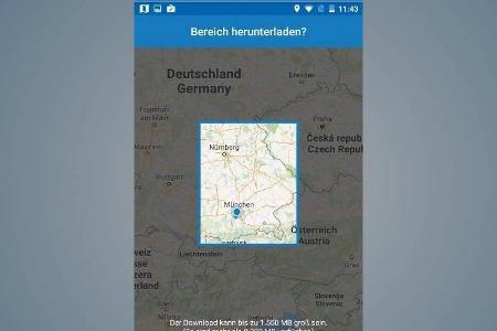 Den gewünschten Kartenbereich wählt man vor dem Herunterladen in Google Maps mithilfe des Auswahlvierecks aus.