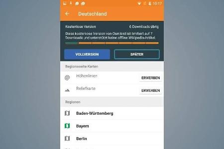 Die kostenlose Variante von Osmand erlaubt den Download von sieben Kartenpaketen.