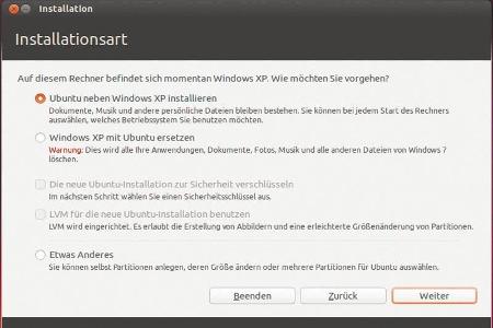 Wurde die Windows-Partition erkannt, darf der Nutzer zwischen einer Parallel- und einer Soloinstallation wählen.
