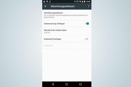 Bei Android-Geräten lässt sich sowohl eine Warnung als auch ein Datenlimit festlegen. Beim Überschreiten des Limits werden d...
