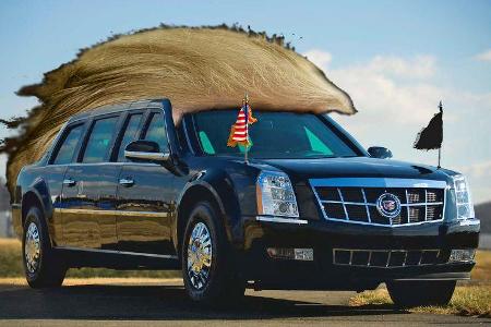The Beast Cadillac Präsidentenlimousine mit Trump Perücke The Beast Cadillac Präsidentenlimousine mit Trump Perücke
