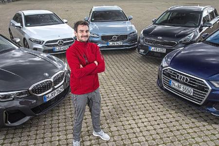 Audi A6 Avant, BMW M340i, Kia Niro, Mercedes A-Klasse, Porsche Cayenne, Volvo V90, Exterieur