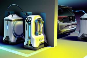 Laderoboter bringt Strom zum geparkten E-Auto
