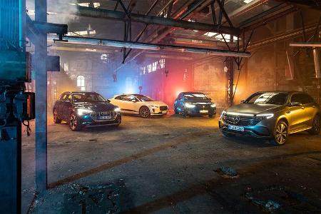 Audi E-Tron 55 Quattro Advanced, Jaguar I-Pace HSE, Mercedes EQC, Tesla Model X Maximale Reichweite, Exterieur Audi E-Tron 55 Quattro Advanced, Jaguar I-Pace HSE, Mercedes EQC, Tesla Model X Maximale Reichweite, Exterieur