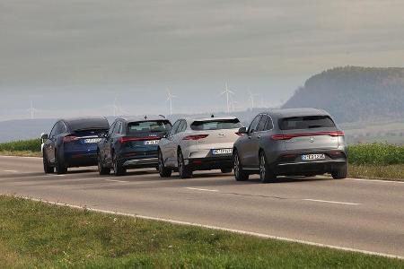 Audi E-Tron 55 Quattro Advanced, Jaguar I-Pace HSE, Mercedes EQC, Tesla Model X Maximale Reichweite, Exterieur