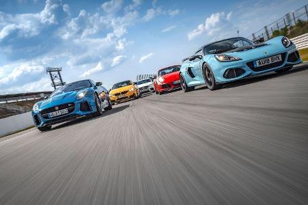 Lotus Exige Sport 410, Porsche 911 Carrera T, BMW M4, Mercedes-AMG E 63 S, Jaguar F-Type SVR - sport auto 9/2018 Lotus Exige Sport 410, Porsche 911 Carrera T, BMW M4, Mercedes-AMG E 63 S, Jaguar F-Type SVR - sport auto 9/2018