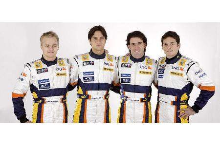 Die Fahrerriege (von links): Heikki Kovalainen, die Testfahrer Nelson Piquet jr und Ricardo Zonta sowie Giancarlo Fisichella