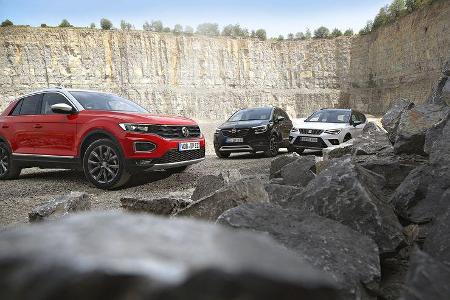 Opel Crossland X 1.2 DI Turbo, Seat Arona 1.0 TSI, VW T-Roc 1.0 TSI, Exterieur Opel Crossland X 1.2 DI Turbo, Seat Arona 1.0 TSI, VW T-Roc 1.0 TSI, Exterieur