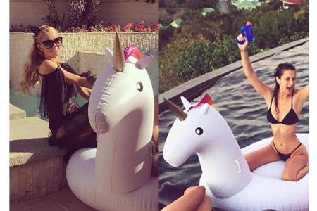 Paris Hilton (links) und Bella Hadid sind Fans vom Pool-Unicorn