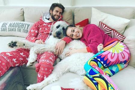 Miley Cyrus und Liam Hemsworth kuscheln auf der Couch mit Hündin Dora Miley Cyrus und Liam Hemsworth kuscheln auf der Couch mit Hündin Dora