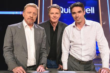 Boris Becker (v.li.n.re.) zusammen mit Showmaster Jörg Pilawa und Ex-Rivale Michael Stich Boris Becker (v.li.n.re.) zusammen mit Showmaster Jörg Pilawa und Ex-Rivale Michael Stich