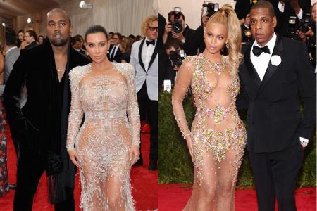 Zu viel Haut zu sehen? Kim Kardashian mit Ehemann Kanye West (l.) und Beyoncé mit Ehemann Jay-Z, jeweils bei der Gala im Mai... Zu viel Haut zu sehen? Kim Kardashian mit Ehemann Kanye West (l.) und Beyoncé mit Ehemann Jay-Z, jeweils bei der Gala im Mai...