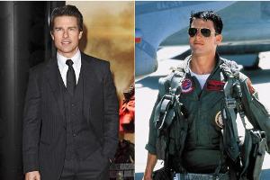 Tom Cruise auf der Filmpremiere von "Edge of Tomorrow" (l.) und als Lieutenant Pete "Maverick" Mitchell in "Top Gun" 1986
