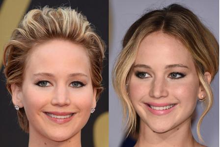 Die Frisur links lässt Jennifer Lawrence wie eine betagte Lady aussehen, rechts mit lockerer Hochsteckfrisur sieht sie viel ...