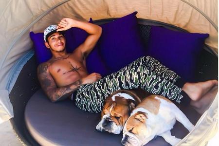 Lewis Hamilton relaxed in Belgien mit seinen zwei Hunden Lewis Hamilton relaxed in Belgien mit seinen zwei Hunden
