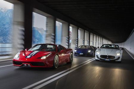 Ferrari 458 Speciale A, Lamborghini Aventador Roadster, Maserati Gran Cabrio MC Ferrari 458 Speciale A, Lamborghini Aventador Roadster, Maserati Gran Cabrio MC