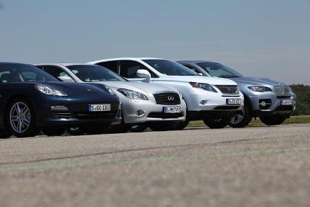 Lexus RX 450h, Infiniti M35h, Porsche Panamera S Hybrid, BMW X6 Active Hybrid, Front Lexus RX 450h, Infiniti M35h, Porsche Panamera S Hybrid, BMW X6 Active Hybrid, Front
