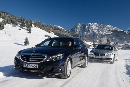 BMW 525d Touring xDrive, Mercedes E 250 CDI T 4matic, Frontansicht BMW 525d Touring xDrive, Mercedes E 250 CDI T 4matic, Frontansicht