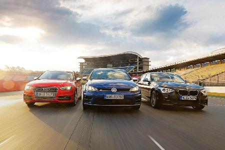 Audi S3 Sportback, BMW M135i xDrive, VW Golf R, Frontansicht Audi S3 Sportback, BMW M135i xDrive, VW Golf R, Frontansicht