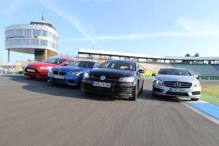 BMW 125i, Ford Focus ST, Mercedes A 250, VW Golf GTI, Frontansicht