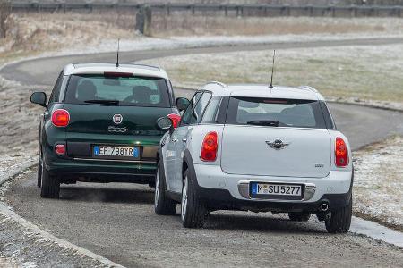 Fiat 500L 0.9 Twinair Lounge, Mini One Countryman, Heckansicht