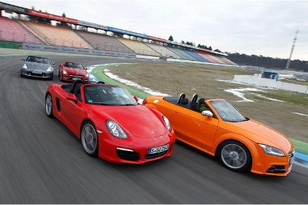 Audi TTS Roadster, Mercedes SLK 350, Nissan 370Z Roadster, Porsche Boxster S, Seitenansicht Audi TTS Roadster, Mercedes SLK 350, Nissan 370Z Roadster, Porsche Boxster S, Seitenansicht