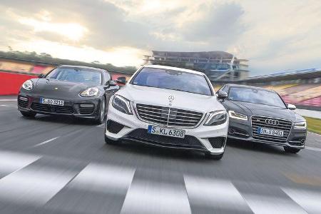 Audi S8, Mercedes S 63 AMG 4Matic, Porsche Panamera Turbo, Frontansicht Audi S8, Mercedes S 63 AMG 4Matic, Porsche Panamera Turbo, Frontansicht