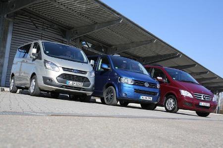 VW Multivan 2.0 TDI, Mercedes Viano 2.0 CDI, Ford Tourneo Custom, Frontansicht