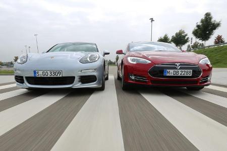 Porsche Panamera S E-Hybrid, Tesla Model S, Frontansicht