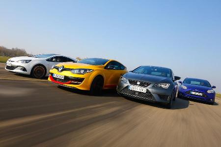 Ford Focus ST, Opel Astra OPC, Renault Mgane RS, Seat Leon Cupra, Frontansicht Ford Focus ST, Opel Astra OPC, Renault Mgane RS, Seat Leon Cupra, Frontansicht