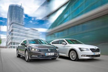Skoda Superb 2.0 TSI, VW Passat 2.0 TSI, Frontansicht Skoda Superb 2.0 TSI, VW Passat 2.0 TSI, Frontansicht