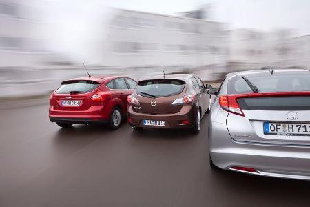 Ford Focus 2.0 TDCi, Honda Civic 2.2 i-DTEC, Mazda 3 2.2 MRZ-CD, Heck