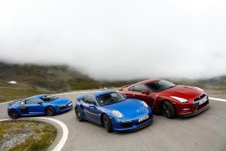 Audi R8 LMX, Nissan GT-R, Porsche 911 Turbo S, Frontansicht